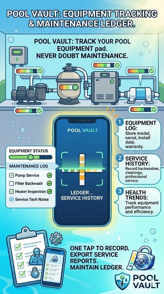Pool Vault equipment and maintenance ledger workflow showing equipment log, service history, and performance tracking