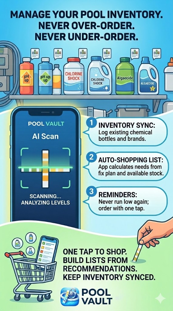Pool Vault inventory guide showing inventory sync, auto shopping list, and reorder reminders
